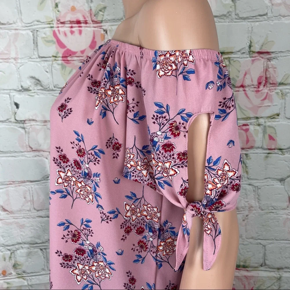 Pink Rose Floral Print Off Shoulder Small Blouse - Picture 4 of 8